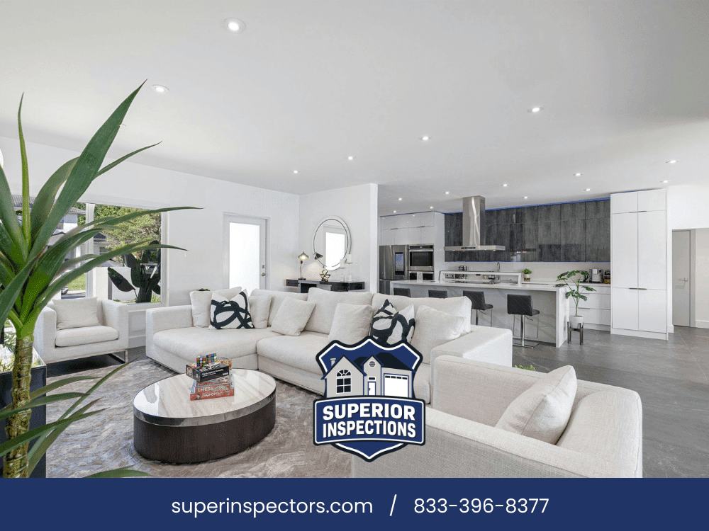 Modern open-concept living room and kitchen with Superior Inspections logo