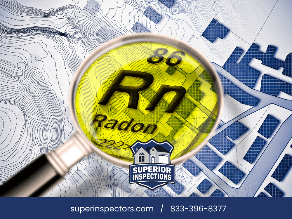 Magnifying glass highlighting radon on a property map with the Superior Inspections logo, symbolizing radon testing and detection in homes.