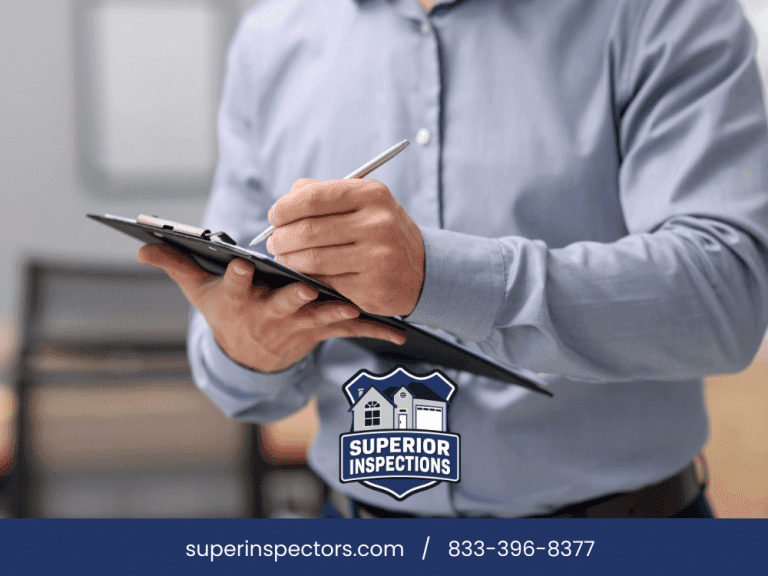 Home inspector writing notes on clipboard during a professional home inspection in Jacksonville FL for Superior Inspections.