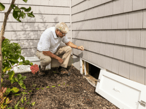 Home inspector examining exterior crawl space vent and siding for moisture or storm damage in Jacksonville FL home.
