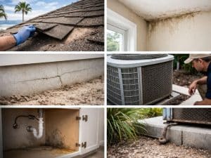 Collage showing roof damage, mold, foundation cracks, plumbing issues, and HVAC concerns - Jacksonville Beach, FL