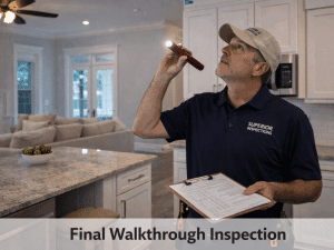 Superior Inspections technician conducting a final walkthrough inspection in a Jacksonville, FL home, checking the lighting and overall condition.