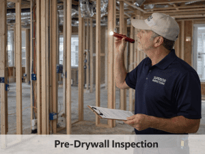 Superior Inspections technician performing an 11-month warranty inspection in a bathroom of a home in Jacksonville, FL.