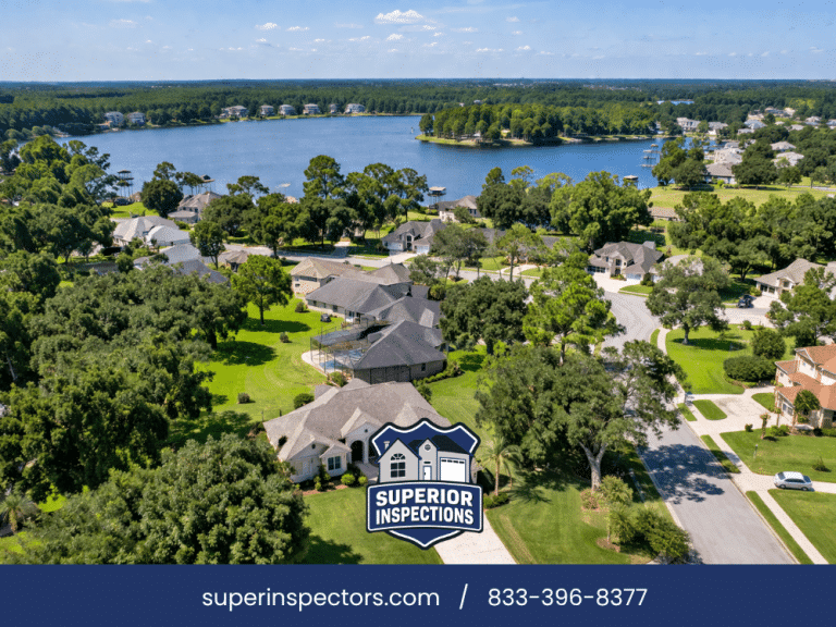 Aerial view of residential homes and lake in Orange Park FL neighborhood showcasing suburban housing and real estate area.