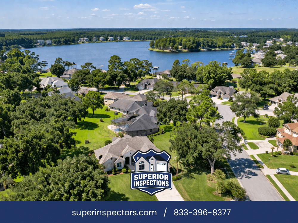 Aerial view of residential homes and lake in Orange Park FL neighborhood showcasing suburban housing and real estate area.