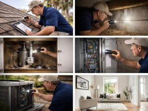 Superior Inspections technician inspecting roof, plumbing, electrical panel, HVAC system, and interior of a home in St. Johns, FL.