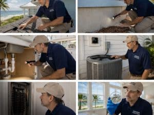 Superior Inspections technician inspecting roof, plumbing, HVAC, electrical panel, and mold samples in Jacksonville Beach, FL.