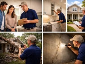 Superior Inspections technician discussing with clients, inspecting kitchen cabinets, taking photos of roofing damage, and checking foundation cracks in Orange Park, FL.