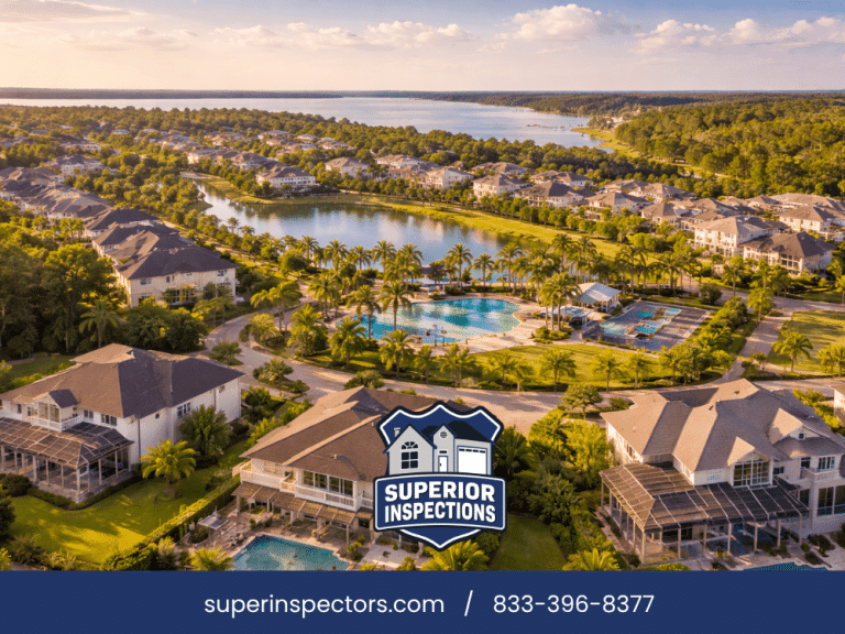 Aerial view of a St. Johns FL residential community with waterfront homes, palm trees, neighborhood pool, and landscaped streets.