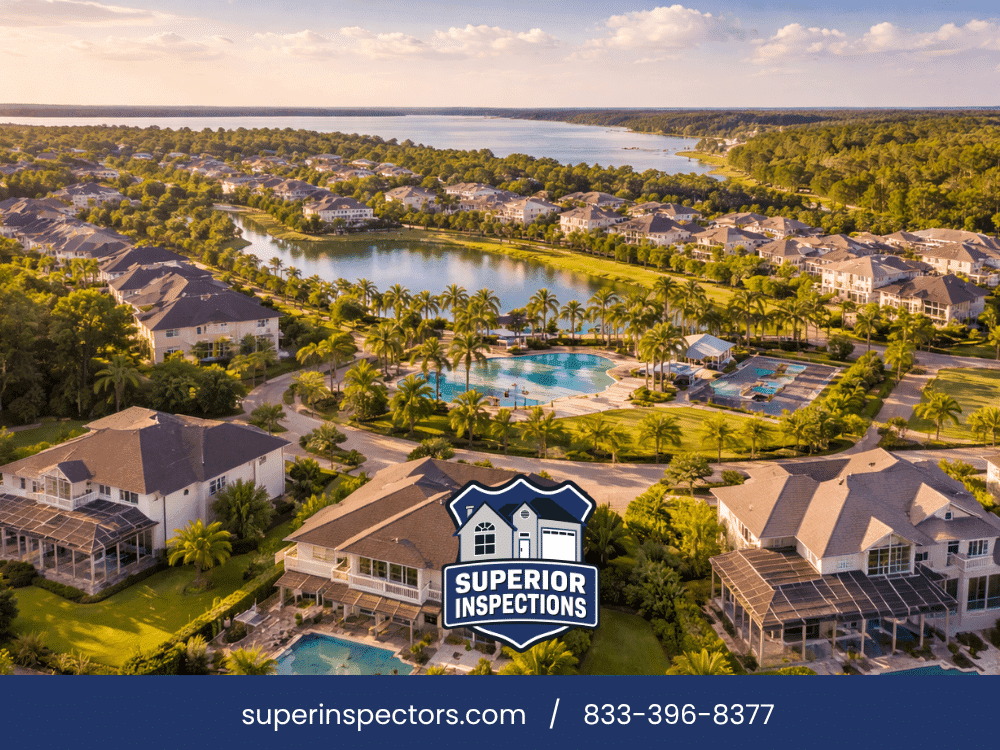 Aerial view of a St. Johns FL residential community with waterfront homes, palm trees, neighborhood pool, and landscaped streets.