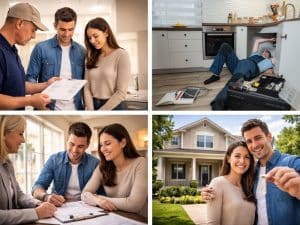 Superior Inspections technician discussing inspection report with clients, inspecting kitchen and HVAC system, and homebuyers receiving keys in Orange Park, FL.